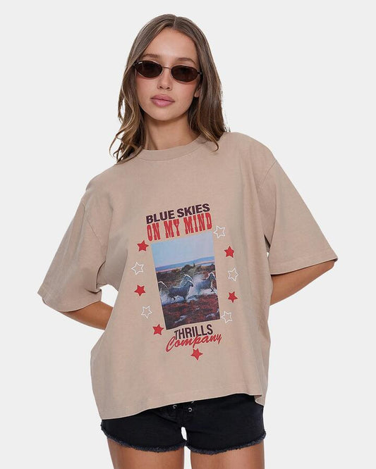 Image of a model wearing Tops. Productname: thrills Womens On My Mind Square T-Shirt Stone - in Stone colour by brand - Thrills