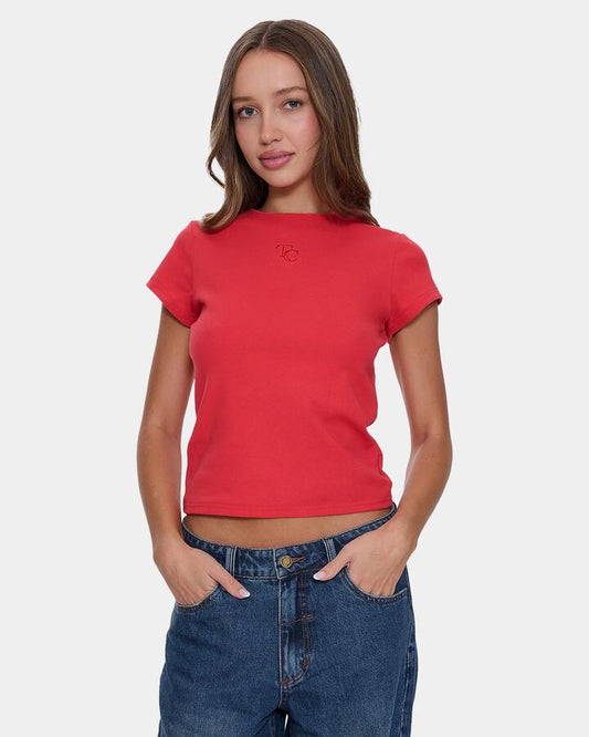 Image of a model wearing Tops. Productname: thrills Womens Priority Club T-Shirt Flame Red - in Flame Red colour by brand - Thrills