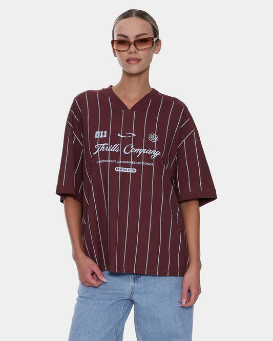 Image of a model wearing Tops. Productname: thrills Womens Game Day Stripe V T-Shirt Bitter Chocolate - in Bitter Chocolate colour by brand - Thrills