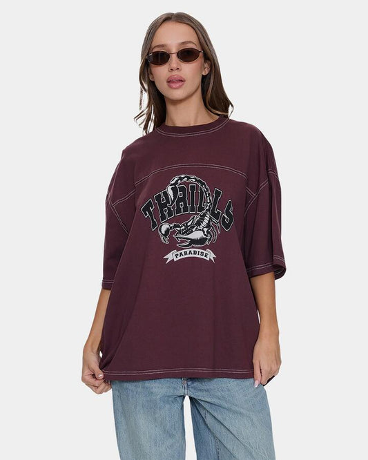 Image of a model wearing Tops. Productname: thrills Womens Dark Paradise Oversized T-Shirt Bitter Chocolate - in Bitter Chocolate colour by brand - Thrills