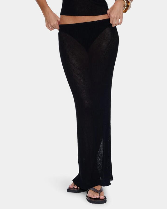 Image of a model wearing Skirts. Productname: thrills Womens Dissolve My Mind Knit Maxi Skirt Black - in Black colour by brand - Thrills