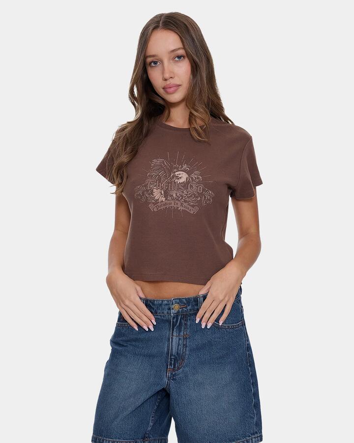 Image of a model wearing Tops. Productname: thrills Womens Ruined Paradise Mini T-Shirt Cocoa - in Cocoa colour by brand - Thrills