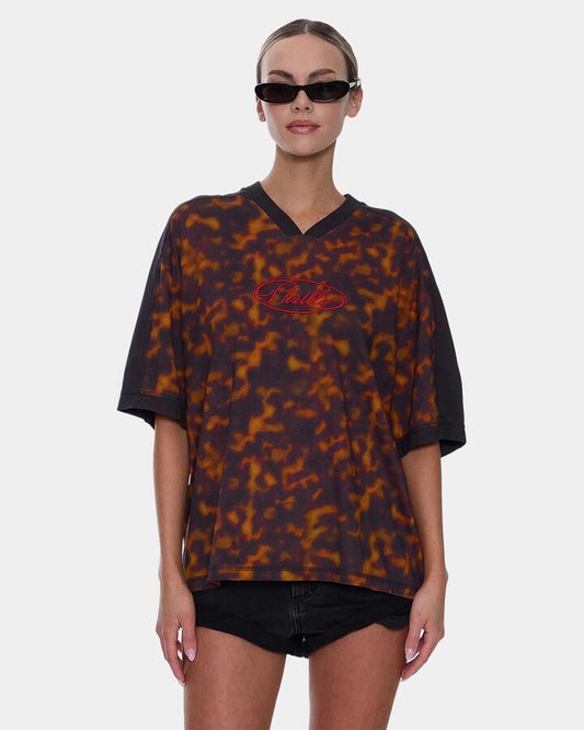 Image of a model wearing Tops. Productname: thrills Womens Smokeform V T-Shirt Burnished Gold - in Burnished Gold colour by brand - Thrills