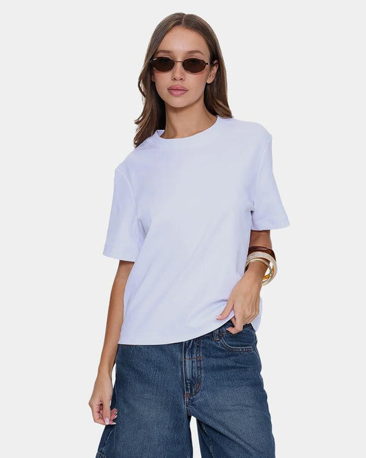 Image of a model wearing Tops. Productname: thrills Womens Essential T-Shirt White - in White colour by brand - Thrills