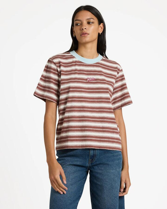 Image of a model wearing Tops. Productname: rvca Womens Formely T-Shirt Terra Brown - in Terra Brown colour by brand - Rvca