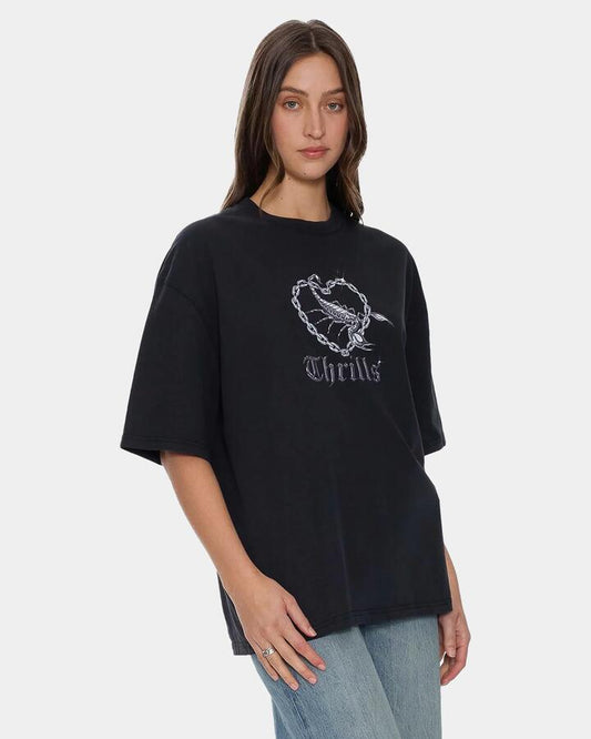 Image of a model wearing Tops. Productname: thrills Womens Looks That Kill Oversized T-Shirt Washed Black - in Washed Black colour by brand - Thrills