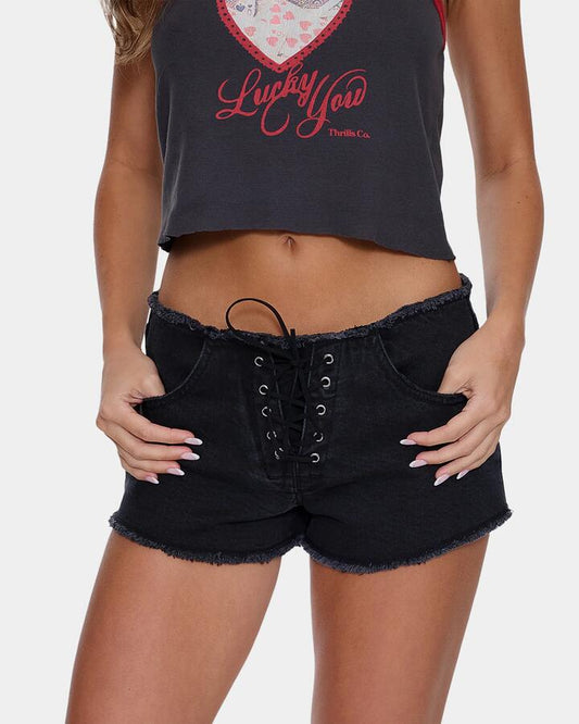 Image of a model wearing Shorts. Productname: thrills Womens Mika Low Rise Micro Shorts Aged Black - in Aged Black colour by brand - Thrills