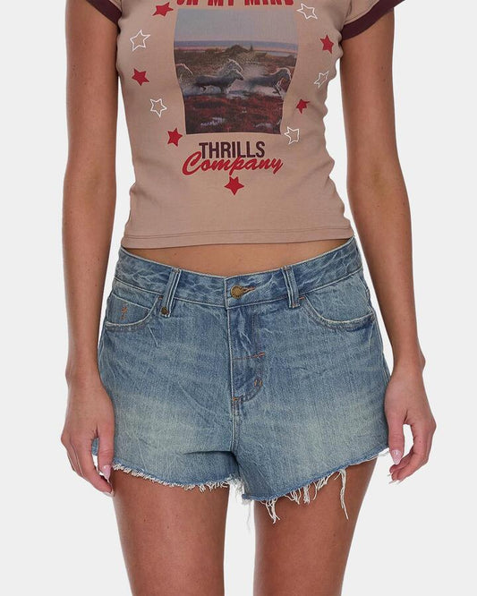 Image of a model wearing Shorts. Productname: thrills Womens Lola Low Rise Baggy Denim Shorts Dirty Crinkle Blue - in Dirty Crinkle Blue colour by brand - Thrills