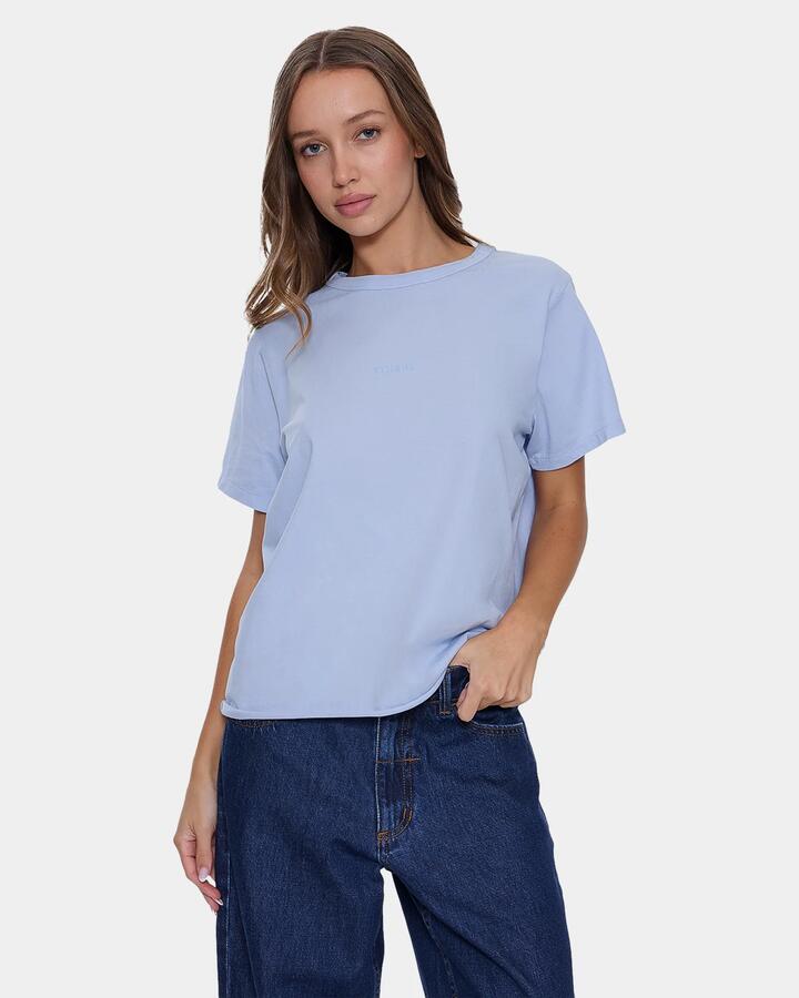 Image of a model wearing Tops. Productname: thrills Womens Minimal Thrills Relaxed T-Shirt Placid Blue - in Placid Blue colour by brand - Thrills