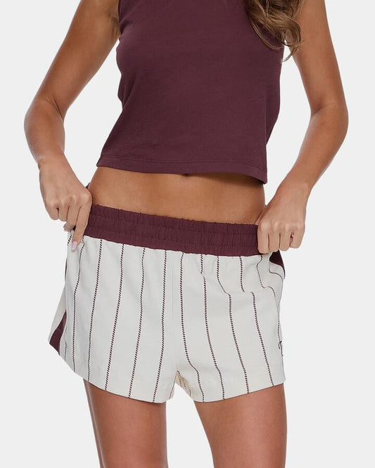 Image of a model wearing Shorts. Productname: thrills Womens Baseline Stripe Elastic Waist Shorts Butter Cream - in Butter Cream colour by brand - Thrills