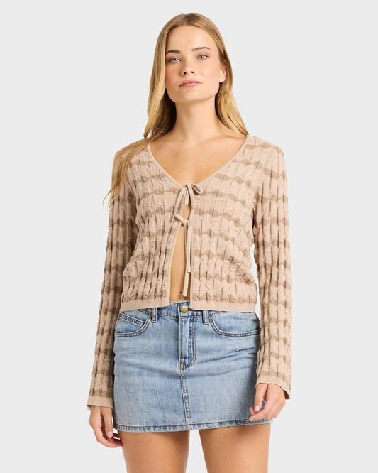Image of a model wearing Tops. Productname: billabong Womens Bubble Tides Knitted Top Stone - in Stone colour by brand - Billabong