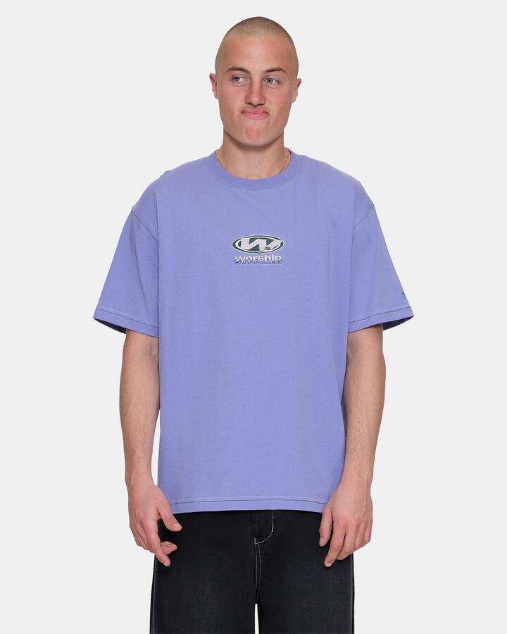 Image of a model wearing Tops. Productname: worship Mens Sonic T-Shirt Purple Haze - in Purple Haze colour by brand - Worship