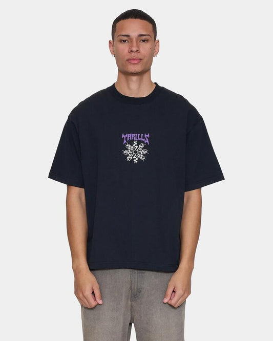 Image of T-Shirts. Product name - Thrills Mens Stagger Oversized Cropped T-Shirt Washed Black in Washed Black colour by brand - Thrills