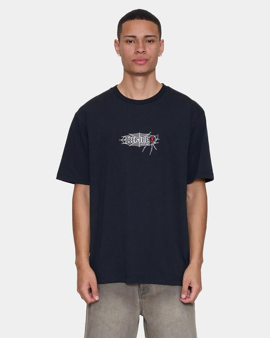 Image of T-Shirts. Product name - Thrills Mens Web Of Deceit Oversized Fit T-Shirt Washed Black in Washed Black colour by brand - Thrills