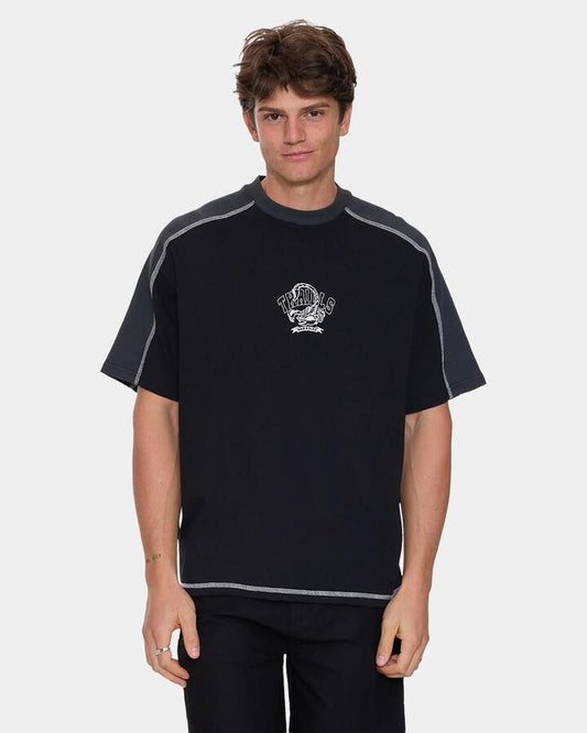 Image of T-Shirts. Product name - Thrills Mens Sting Of Defeat Panel Oversized T-Shirt Black in Black colour by brand - Thrills