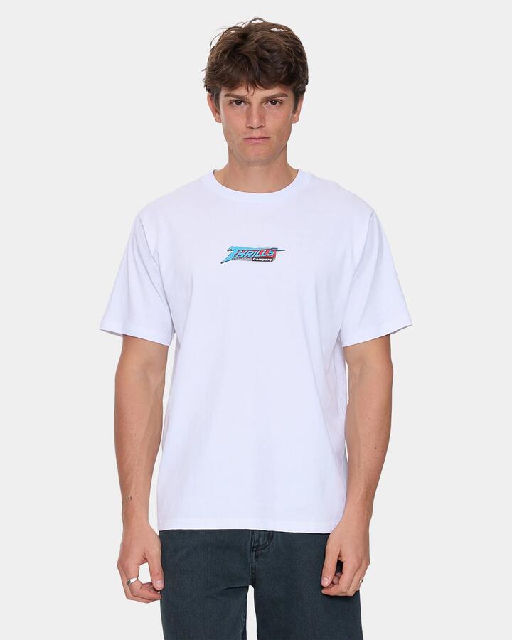 Image of a model wearing Tops. Productname: thrills Mens Heavy Voltage T-Shirt White - in White colour by brand - Thrills