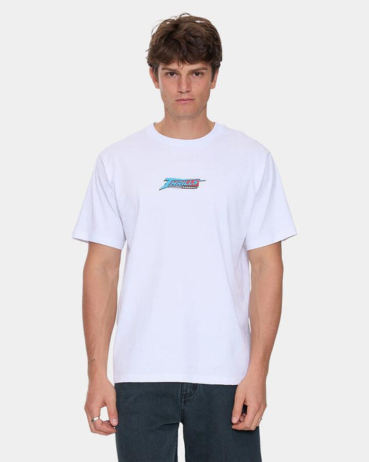 Image of a model wearing Tops. Productname: thrills Mens Heavy Voltage T-Shirt White - in White colour by brand - Thrills