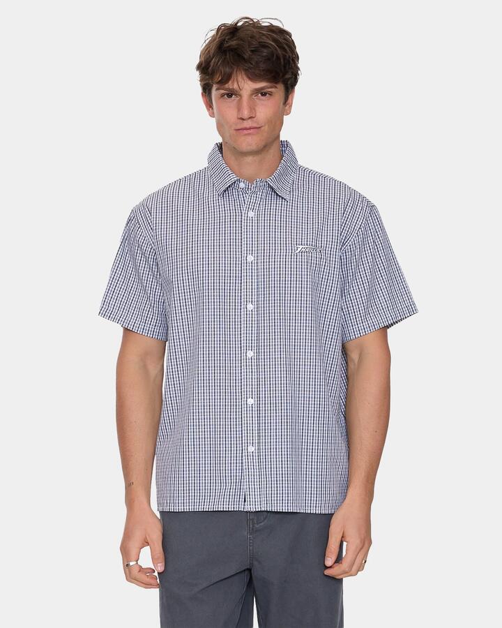 Image of a model wearing Tops. Product name - Thrills Mens Heavy Voltage Cropped Short Sleeve Shirt White in White colour by brand - Thrills