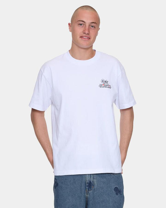 Image of a model wearing Tops. Productname: worship Mens Scratch T-Shirt White - in White colour by brand - Worship