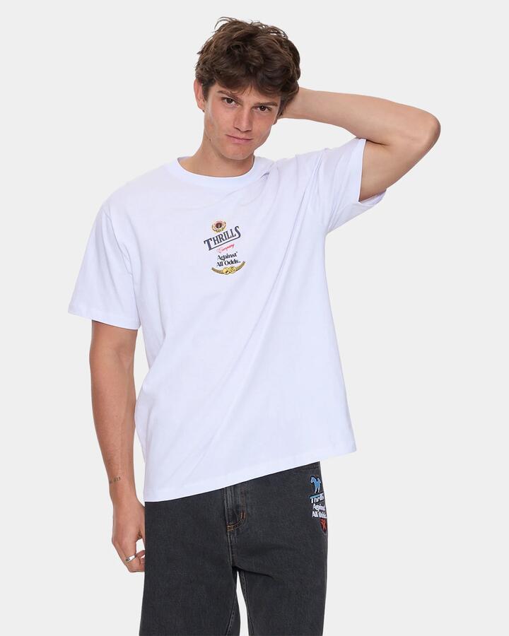 Image of a model wearing Tops. Productname: thrills Mens Against All Odds T-Shirt White - in White colour by brand - Thrills