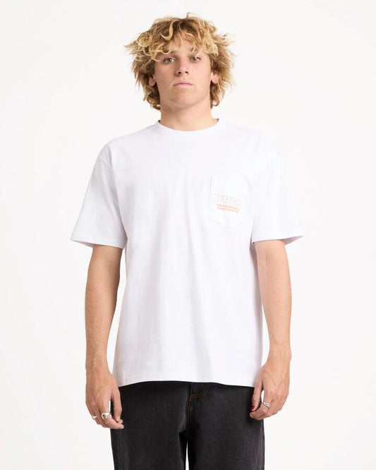 Image of a model wearing Tops. Productname: rvca Mens Rvca Fasteners T-Shirt White - in White colour by brand - Rvca