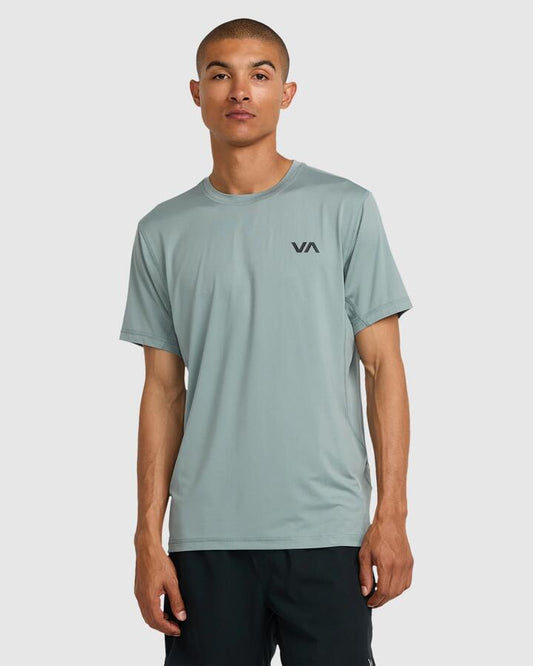 Image of a model wearing Tops. Productname: rvca Mens Sport Vent T-Shirt Lead - in Lead colour by brand - Rvca
