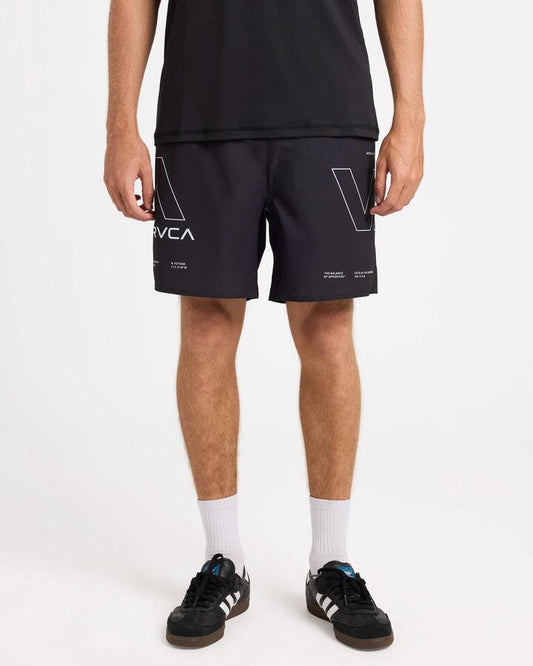 Image of a model wearing Shorts. Productname: rvca Mens Yoggers 2 In 1 Shorts Rvca Black - in Rvca Black colour by brand - Rvca