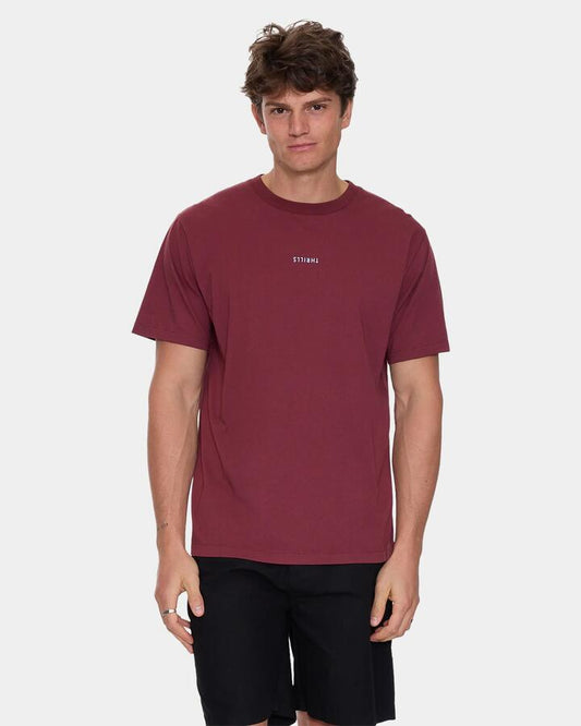 Image of a model wearing Tops. Productname: thrills Mens Minimal Thrills Merch Fit T-Shirt New Maroon - in New Maroon colour by brand - Thrills