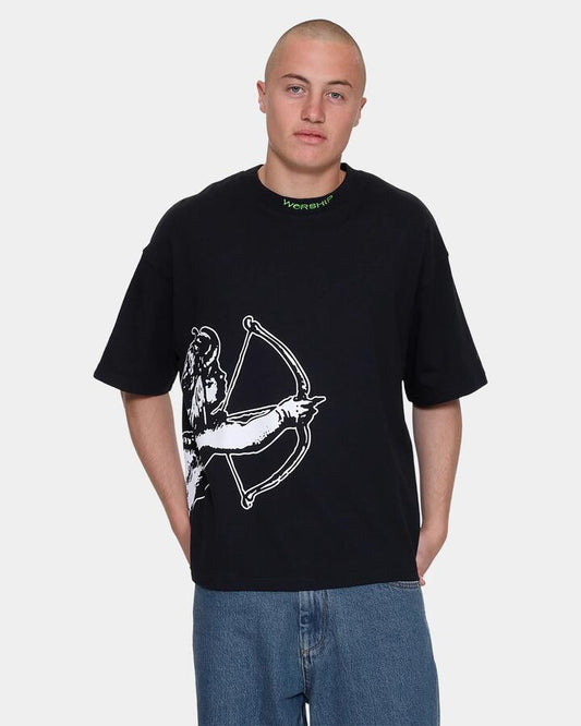 Image of a model wearing Tops. Productname: worship Mens Cherub Cropped T-Shirt Black - in Black colour by brand - Worship