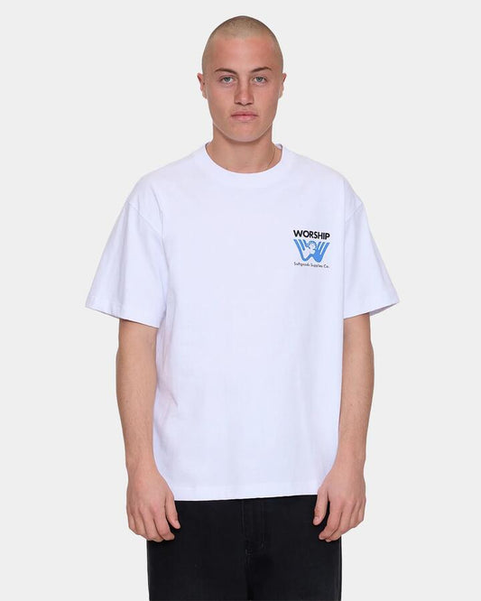 Image of a model wearing Tops. Productname: worship Mens Genesis T-Shirt White - in White colour by brand - Worship