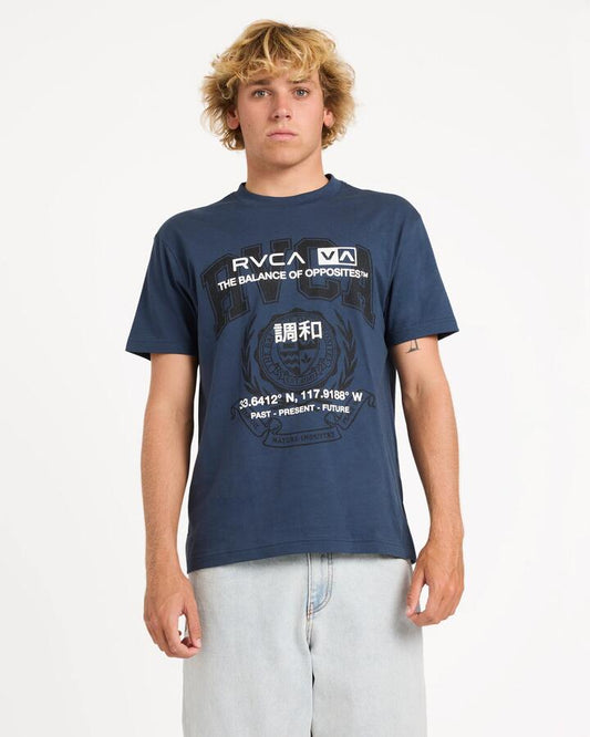 Image of a model wearing Tops. Productname: rvca Mens Unitex T-Shirt Moody Blue - in Moody Blue colour by brand - Rvca
