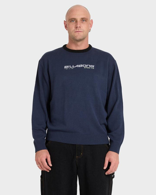 Image of a model wearing Outerwear. Productname: billabong Mens Spec 73 Knit Sweatshirt Dusty Navy - in Dusty Navy colour by brand - Billabong