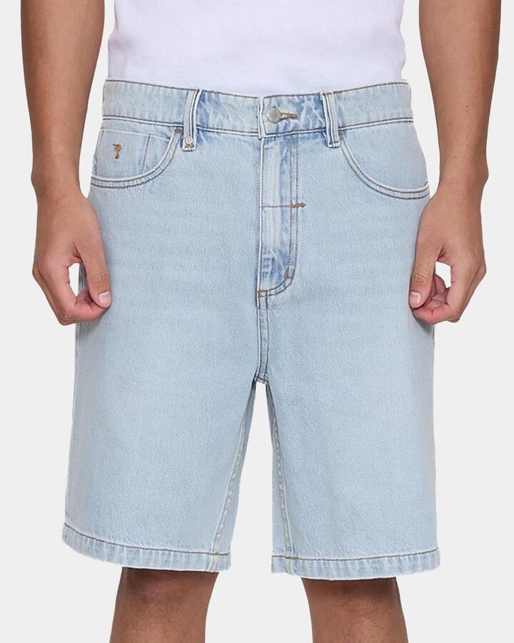 Image of a model wearing Shorts. Productname: thrills Mens Slacker Relaxed Denim Shorts Horizon Blue - in Horizon Blue colour by brand - Thrills