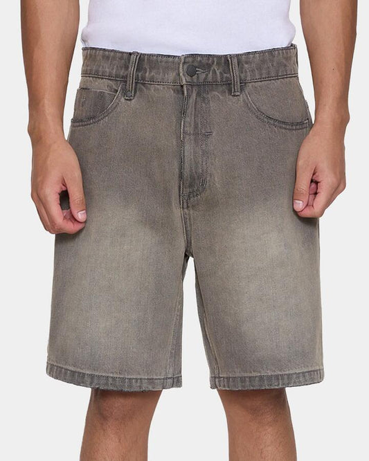 Image of a model wearing Shorts. Productname: thrills Mens Slacker Relaxed Denim Shorts New Grey - in New Grey colour by brand - Thrills