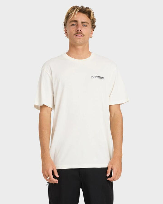Image of a model wearing Tops. Productname: billabong Mens Make Tracks T-Shirt Off White - in Off White colour by brand - Billabong