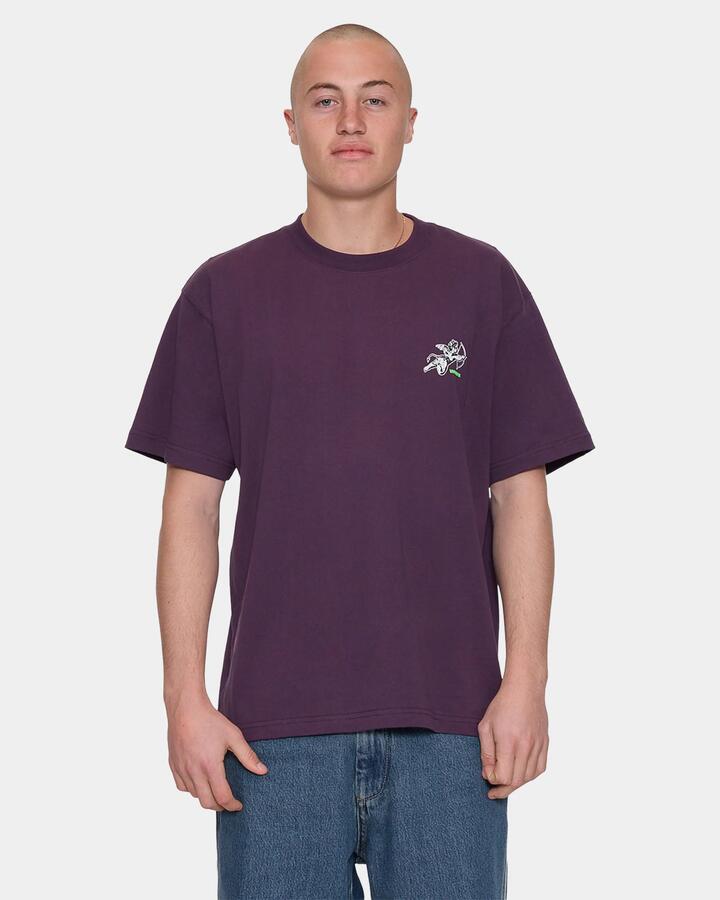 Image of a model wearing Tops. Productname: worship Mens Cherub T-Shirt Blackberry - in Blackberry colour by brand - Worship