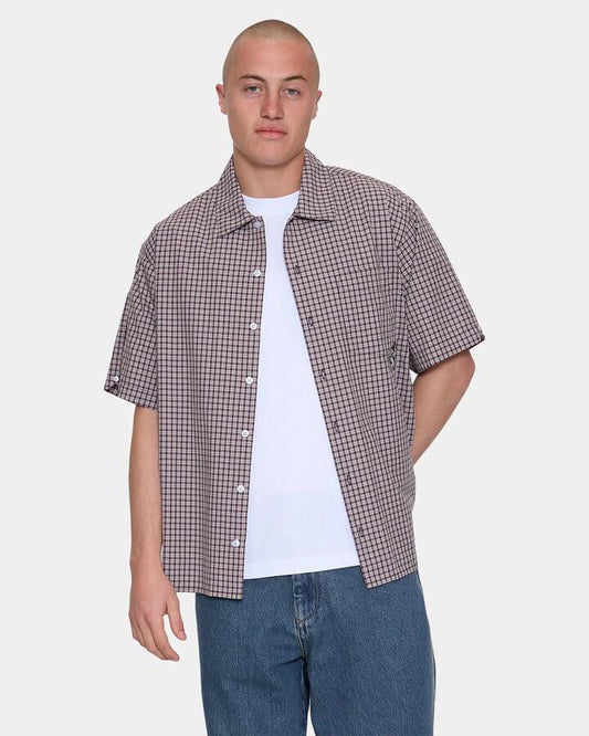 Image of a model wearing Tops. Productname: worship Mens Cherub Short Sleeve Shirt Blackberry - in Blackberry colour by brand - Worship