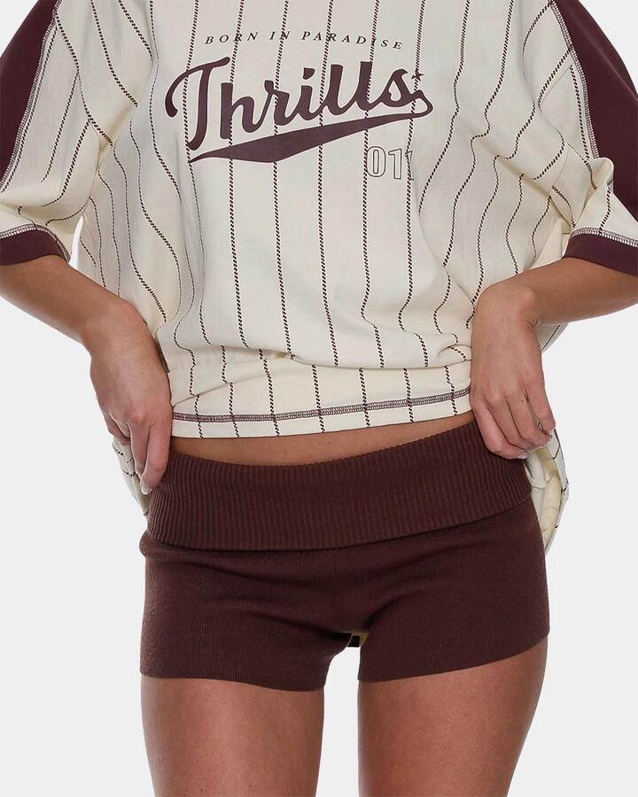 Image of a model wearing Shorts. Productname: thrills Womens Mackenzie Knit Booty Elastic Waist Shorts Bitter Chocolate - in Bitter Chocolate colour by brand - Thrills