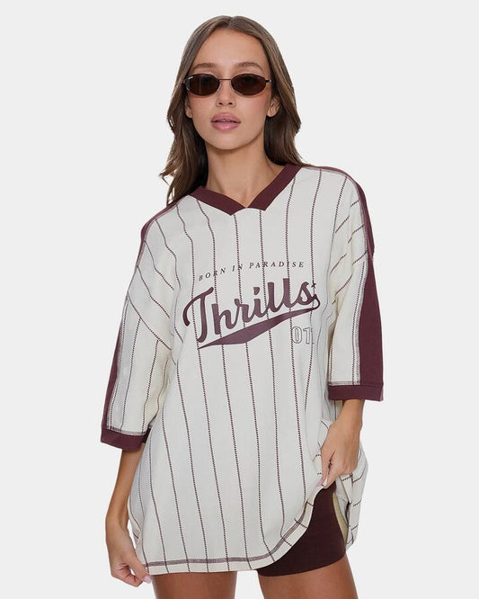 Image of T-Shirts. Productname: thrills Womens Baseline Stripe V T-Shirt Butter Cream - in Butter Cream colour by brand - Thrills