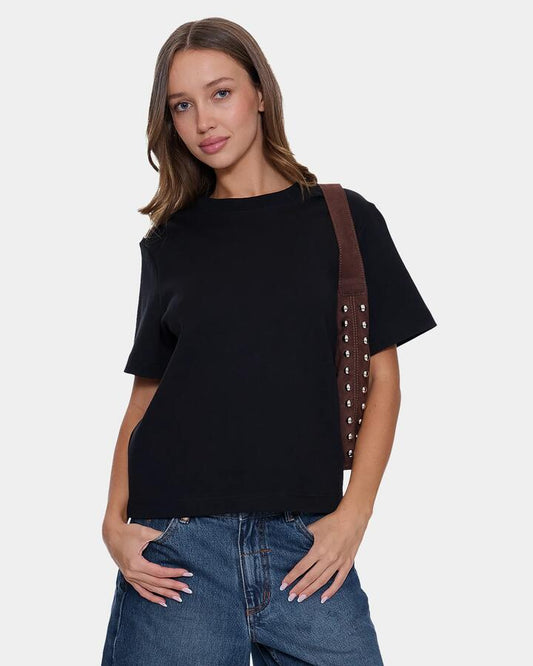 Image of a model wearing Tops. Productname: thrills Womens Essential T-Shirt Black - in Black colour by brand - Thrills