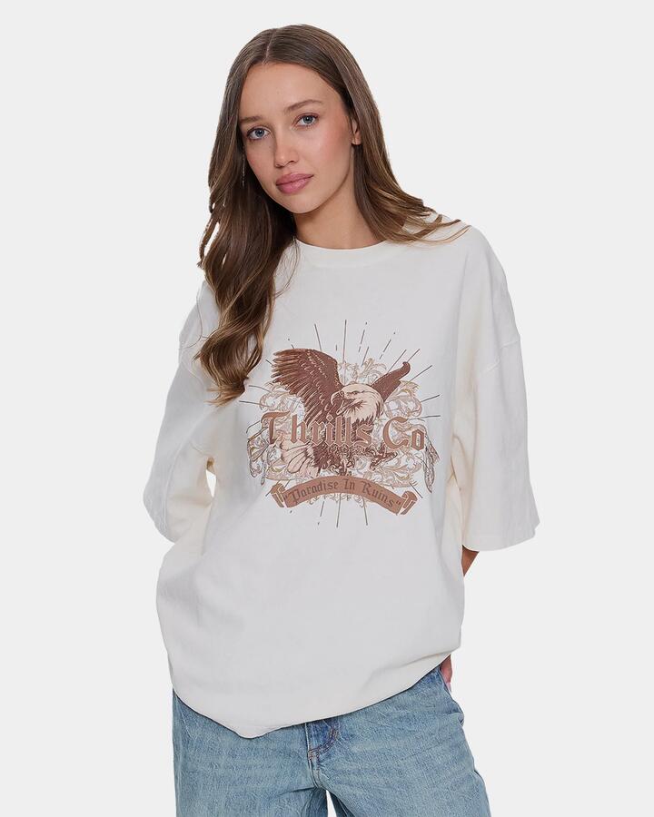 Image of a model wearing Tops. Productname: thrills Womens Ruined Paradise Oversized T-Shirt Heritage White - in Heritage White colour by brand - Thrills