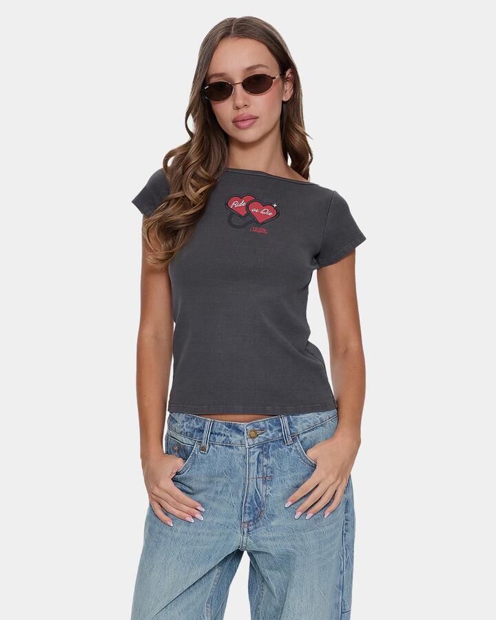 Image of a model wearing Tops. Productname: thrills Womens Ride Or Die Boat Neck T-Shirt Merch Black - in Merch Black colour by brand - Thrills
