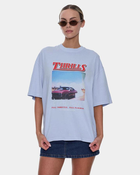 Image of a model wearing Tops. Productname: thrills Womens Full Throttle Oversized T-Shirt Placid Blue - in Placid Blue colour by brand - Thrills