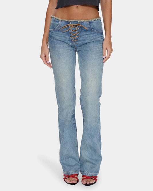 Image of Jeans. Productname: thrills Womens Cammie Low Rise Lace Up Denim Jeans Dirty Crinkle Blue - in Dirty Crinkle Blue colour by brand - Thrills