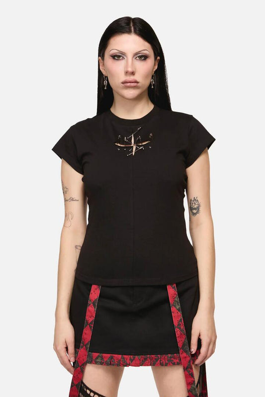 Image of a model wearing Tops. Productname: Safety First Goth Tee in Black colour by brand - Black Friday