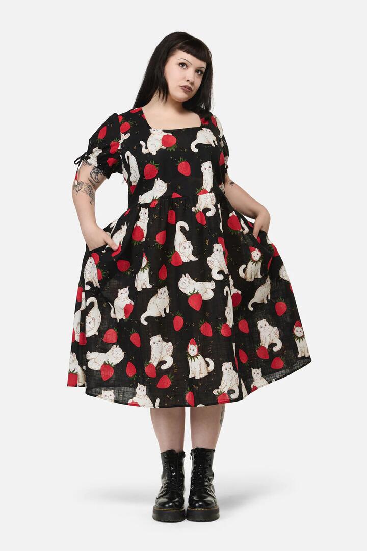 Image of Dresses. Productname: Curve Strawberry Cat Repeat Dress in Black colour by brand - Dangerfield