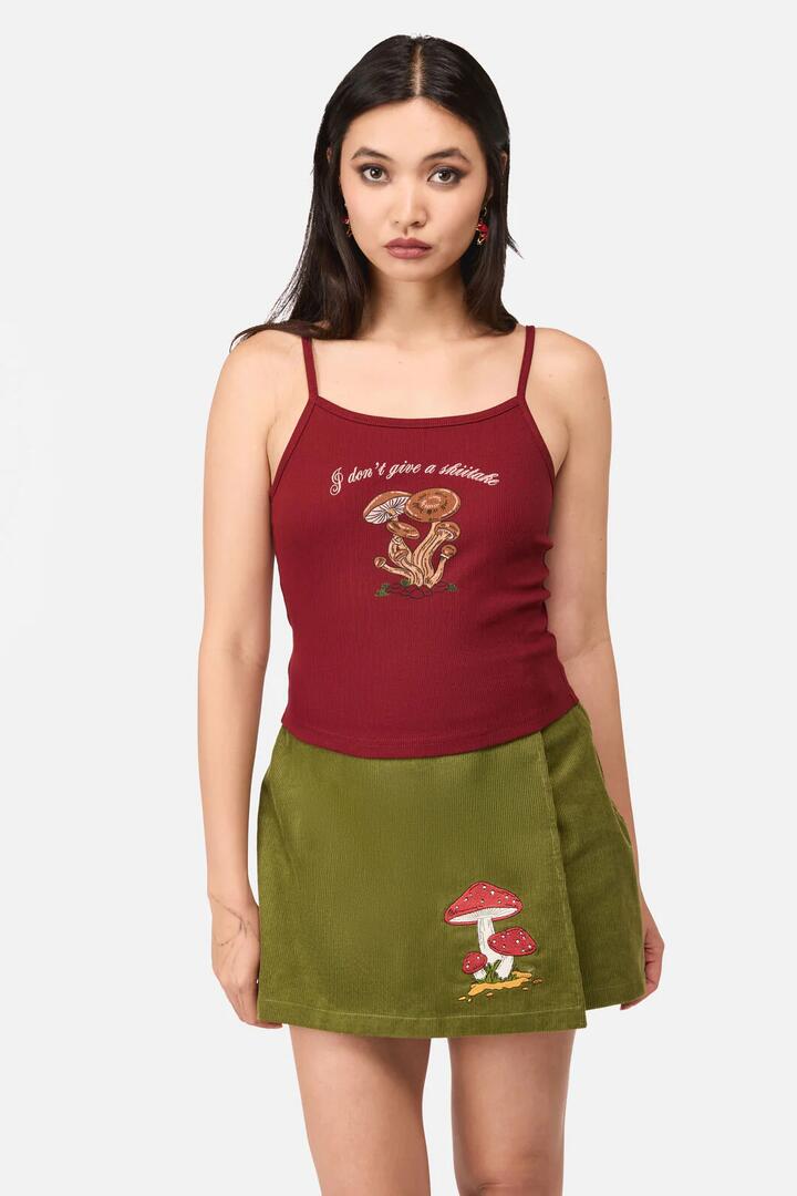 Image of a model wearing Tops. Productname: Shittake Printed Tank in Red colour by brand - Dangerfield