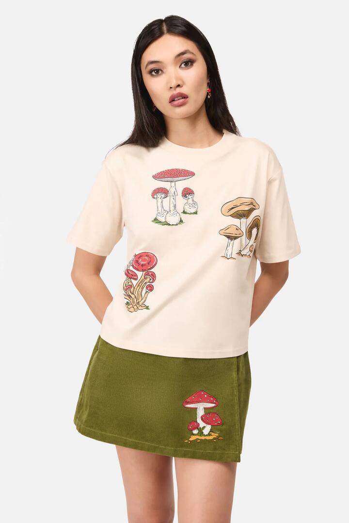 Image of a model wearing Tops. Productname: Mushie Print Tee in Cream colour by brand - Dangerfield