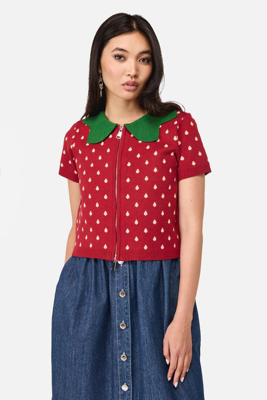 Image of a model wearing Outerwear. Productname: Strawberry Leaf SS Cardigan in Red colour by brand - Dangerfield