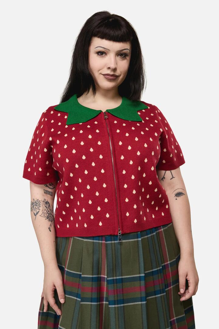 Image of a model wearing Outerwear. Productname: Curve Strawberry Leaf SS Cardi in Red colour by brand - Dangerfield
